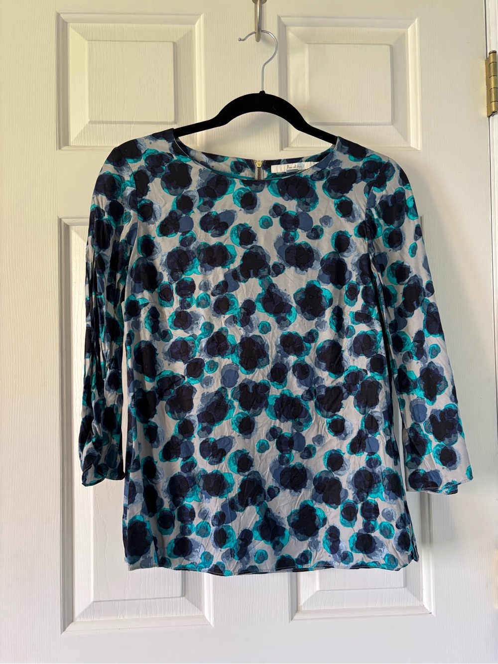 Boden Silk Blend Abstract Print Blouse Blue Teal Gray 3/4 Sleeve